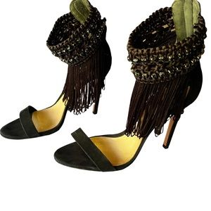 Schutz Fringe Rhinestone Ankle Cuff Stiletto Sandals